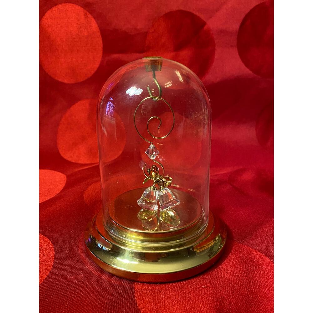 Vintage Pair of .75 in Crystal Bells with Gold Bow Decor Under Glass Cloche EUC